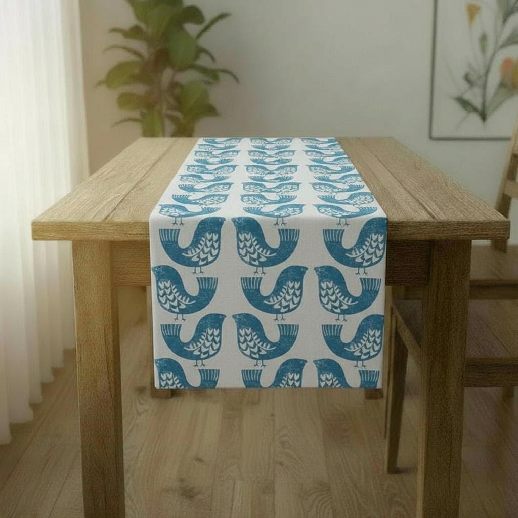 Scandi Birds Capri Blue Table Runner Napkins