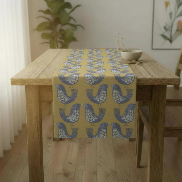 Scandi Birds Grey Saffron Table Runner Napkins