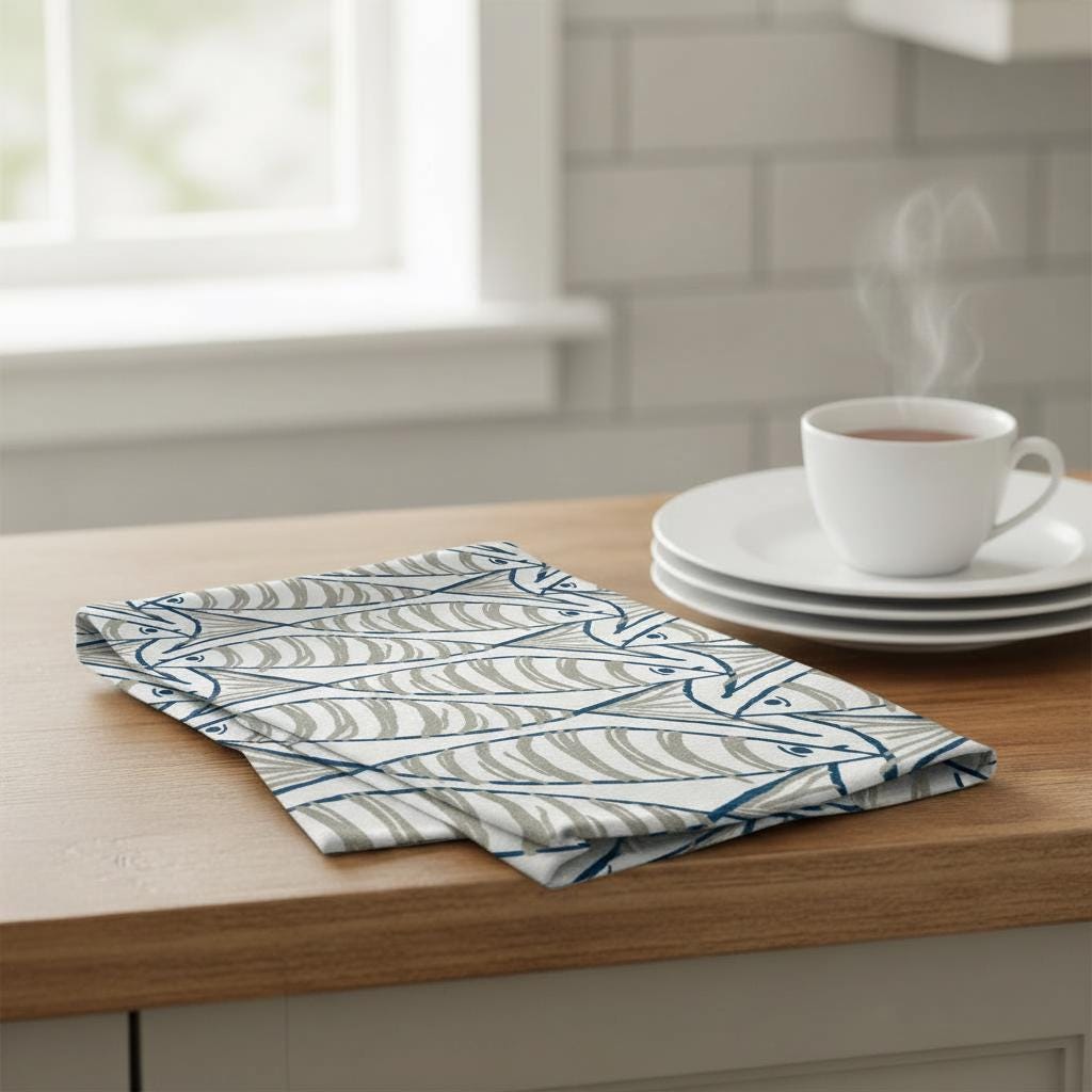 Cornish Sardines Tea Towel, Nautical Marine Seaside Tea Towel, Sprats Fish Cotton Tea Towel