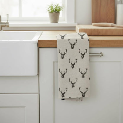 Stags Deer Tea Towel , Wildlife Woodland Christmas Cotton Kitchen Towel