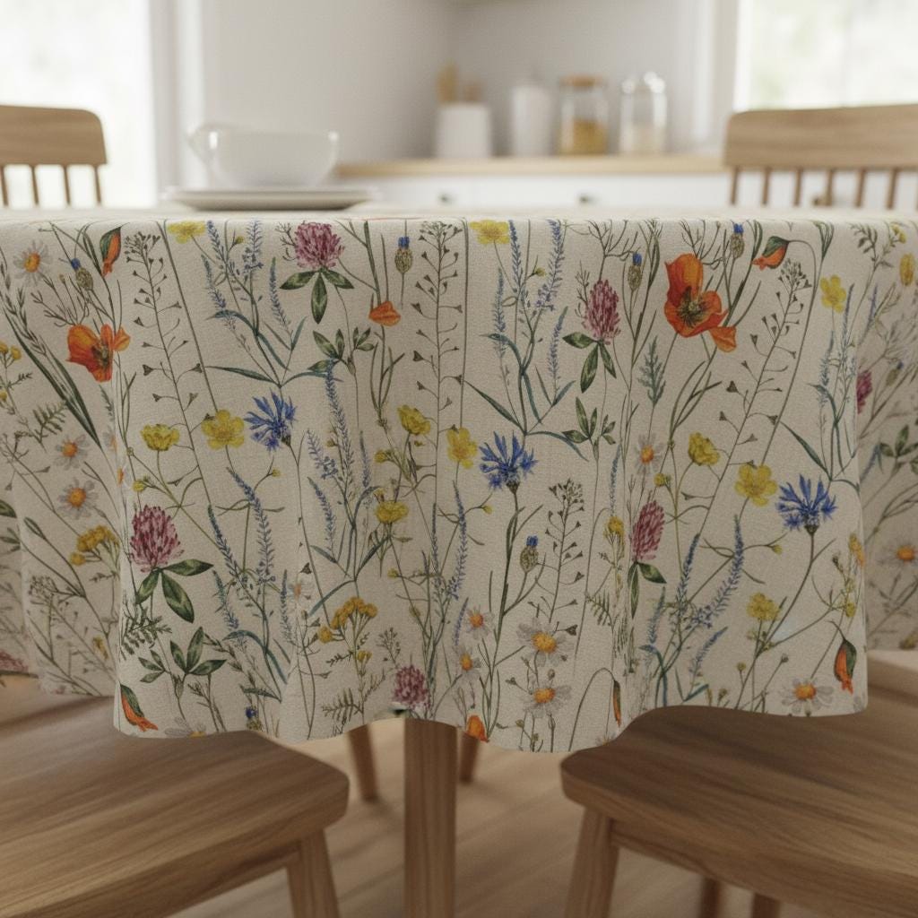 Wildflowers Field Flowers Tablecloth, Round Oval Rectangle, Handmade UK