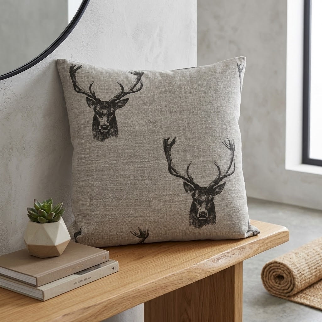 Rustic Stag Head Taupe Christmas Cushion Cover