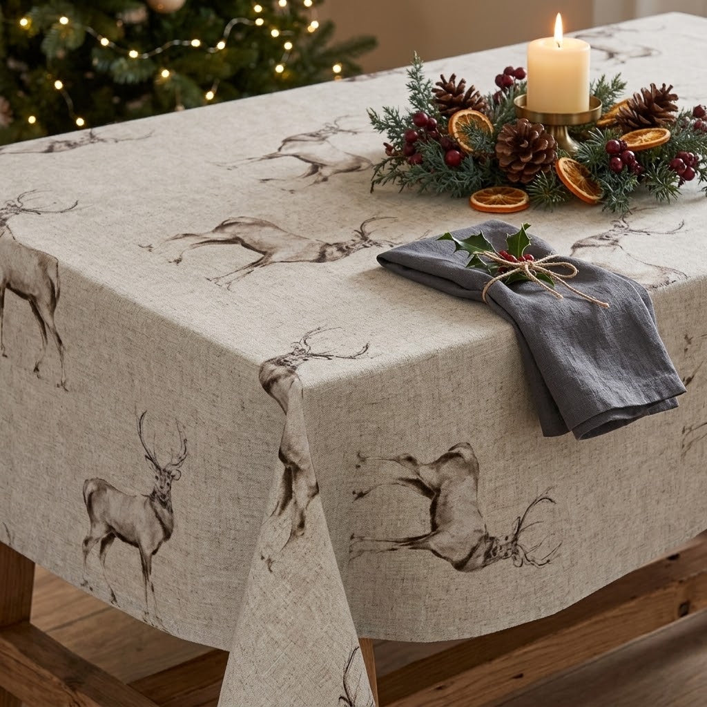 Christmas Stags Tablecloth , Glencoe Stags Tablecloth  , Festive Tablecloth , Round Oval Rectangle Tablecloth , Christmas Napkins