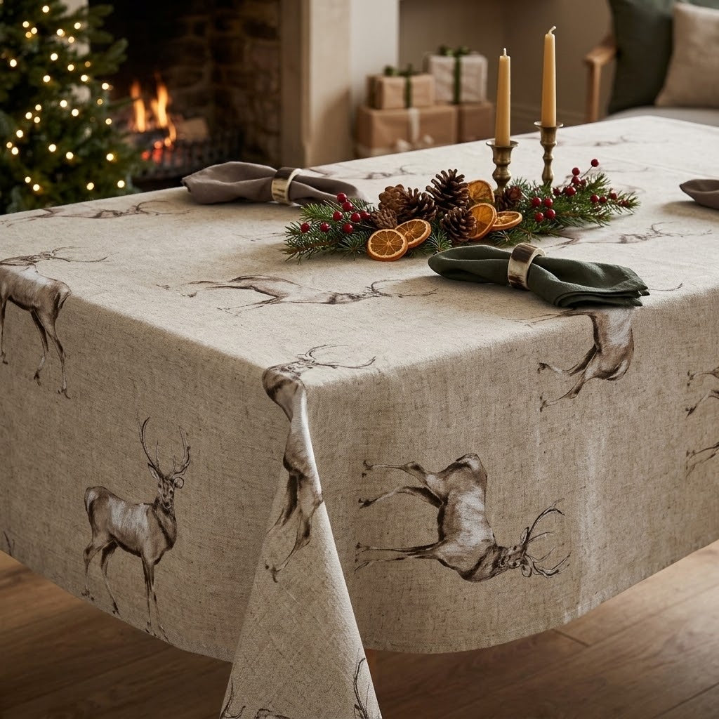 Christmas Stags Tablecloth , Glencoe Stags Tablecloth  , Festive Tablecloth , Round Oval Rectangle Tablecloth , Christmas Napkins
