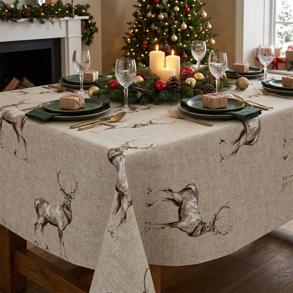 Christmas Stags Tablecloth , Glencoe Stags Tablecloth  , Festive Tablecloth , Round Oval Rectangle Tablecloth , Christmas Napkins