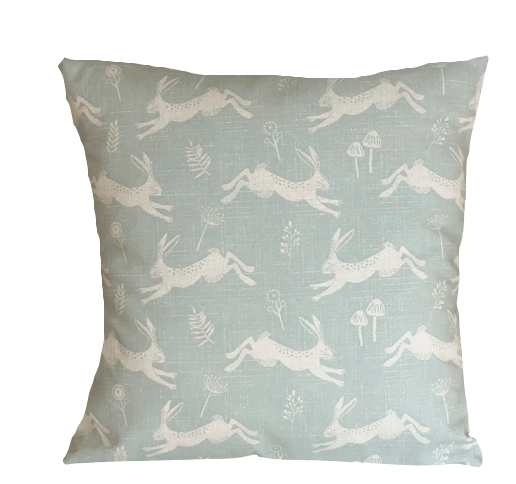 Leaping Hares Cushion Cover , Jump Hare Pillow Cover ,Duckegg Design 100% Cotton Handmade , Easter Cushion Cover 12" 14" 16" 17" 18" 20" 22" 24" Handmade - CushionCoverAndDecor