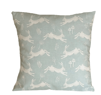 Leaping Hares Cushion Cover , Jump Hare Pillow Cover ,Duckegg Design 100% Cotton Handmade , Easter Cushion Cover 12" 14" 16" 17" 18" 20" 22" 24" Handmade - CushionCoverAndDecor