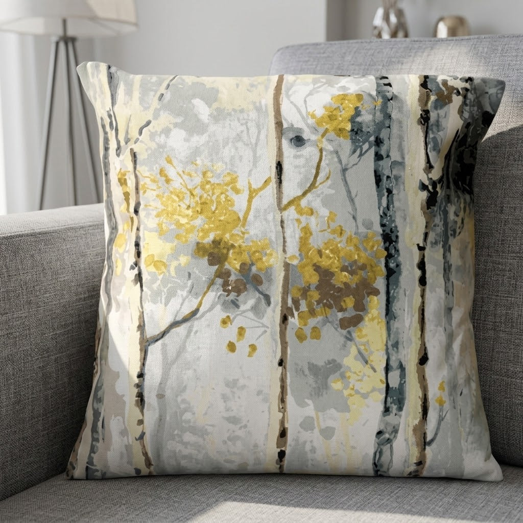 Silver Birch Tree Shadows Grey & Yellow Cushion Cover