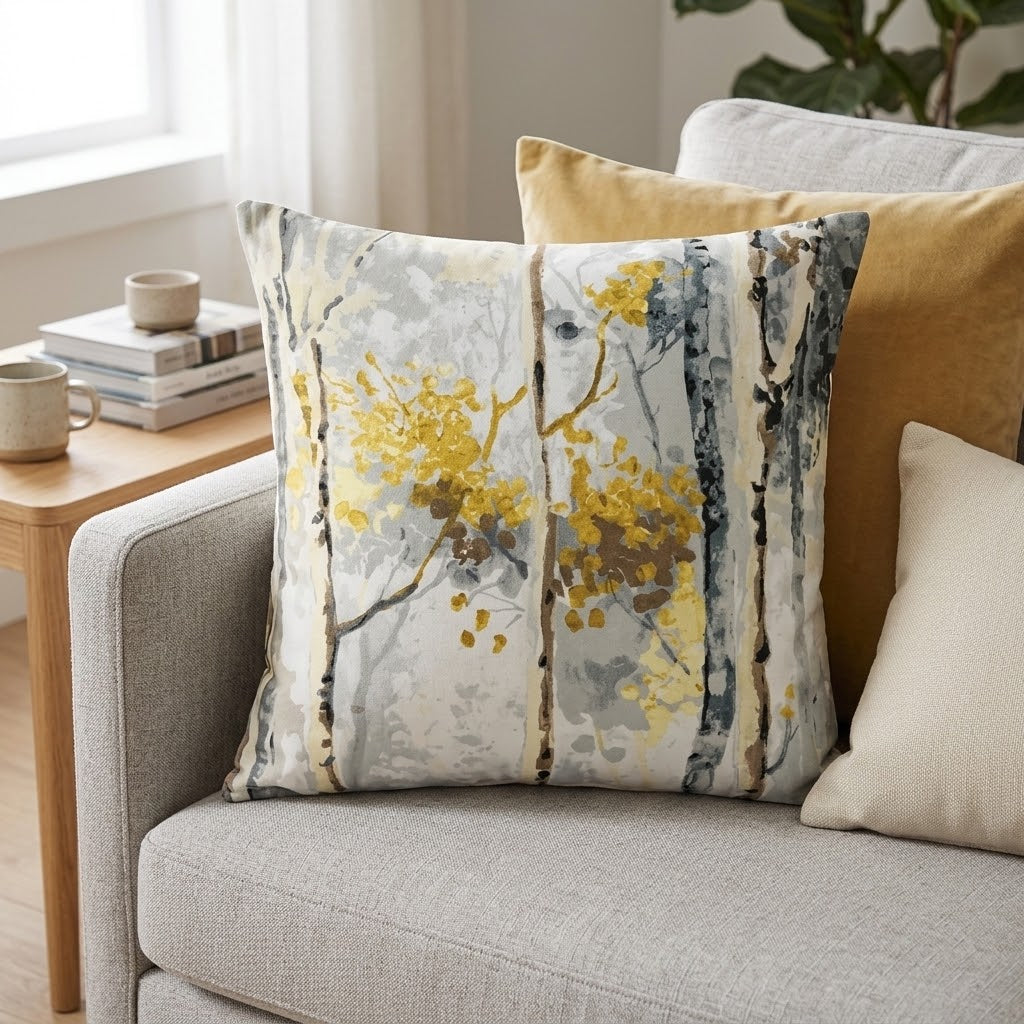 Silver Birch Tree Shadows Grey & Yellow Cushion Cover