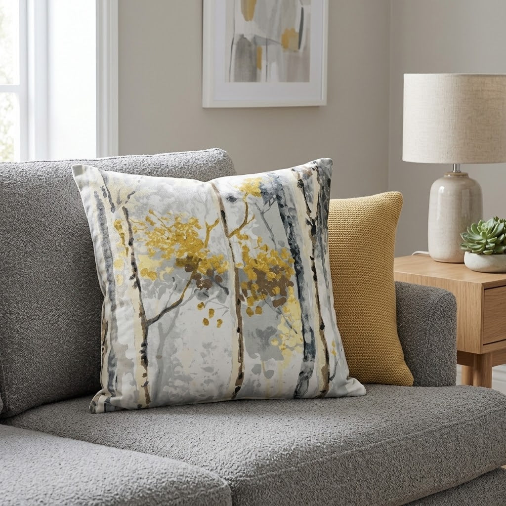 Silver Birch Tree Shadows Grey & Yellow Cushion Cover