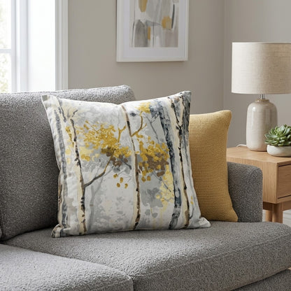 Silver Birch Tree Shadows Grey & Yellow Cushion Cover