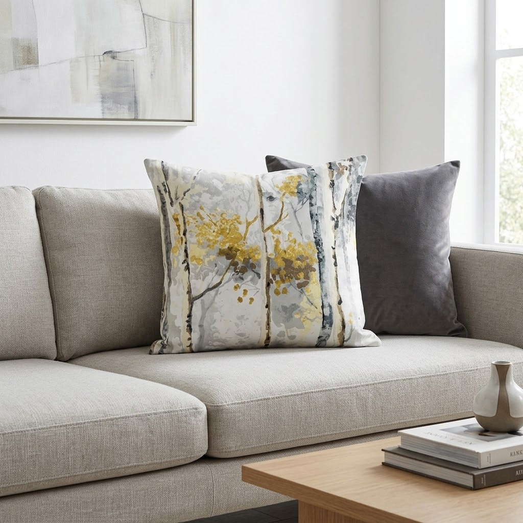 Silver Birch Tree Shadows Grey & Yellow Cushion Cover