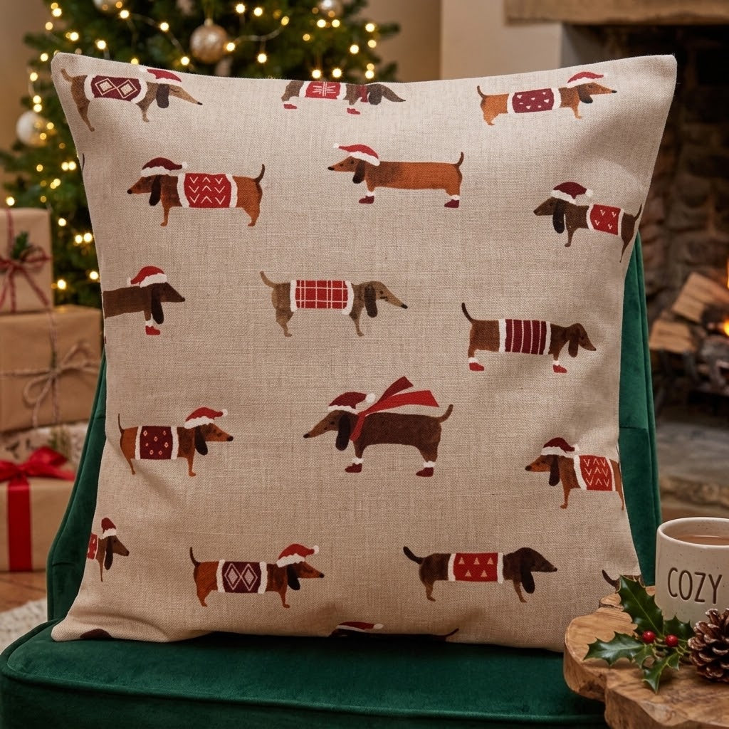 Christmas Cushion Cover Sausage Dog , Sausage Dog Pillow cover , Dogs  Pillow  , Cushion Cover UK  10" 12" 14" 16" 17" 18" 20" 22" 24" 26"