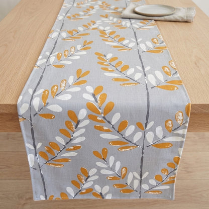 Runner da tavolo Scandi Sprig Mandarino Arancione Grigio Design, Runner da tavolo grigio UK 48" 54" 60" 64" 72" 84" 96" 104" Fatto a mano 100% cotone