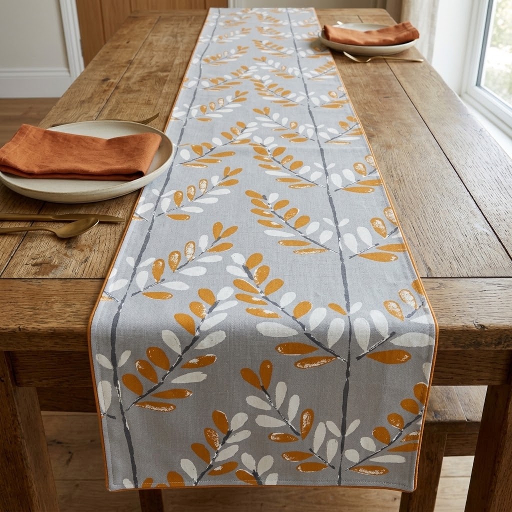 Runner da tavolo Scandi Sprig Mandarino Arancione Grigio Design, Runner da tavolo grigio UK 48" 54" 60" 64" 72" 84" 96" 104" Fatto a mano 100% cotone