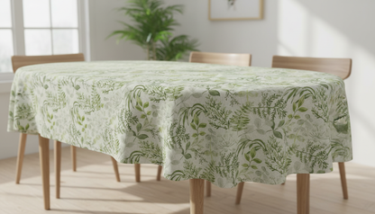Tischdecke mit Blumenmuster, Tischdecke mit Blättermuster, Tischdecke aus grün-grauem Leinen, Tischdecke in Leinenoptik mit Blumenmuster, Tischdecke aus Großbritannien