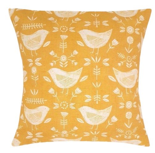 Pillow Cushion Cover Narvik Yellow Ochre Bird Design 10" 12" 14" 16" 17" 18" 20" 22" 24" 26" Fryetts Handmade 100% Cotton - CushionCoverAndDecor