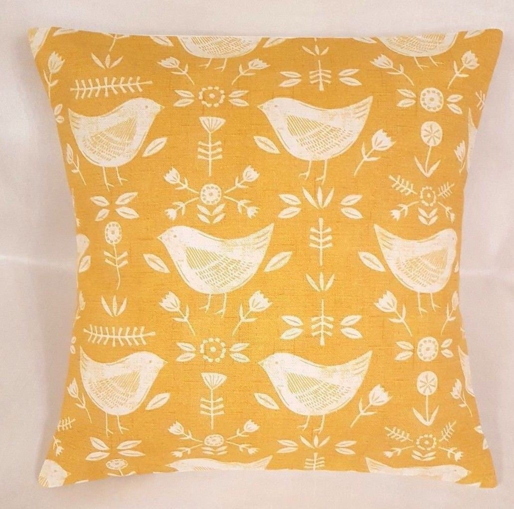 Pillow Cushion Cover Narvik Yellow Ochre Bird Design 10" 12" 14" 16" 17" 18" 20" 22" 24" 26" Fryetts Handmade 100% Cotton - CushionCoverAndDecor