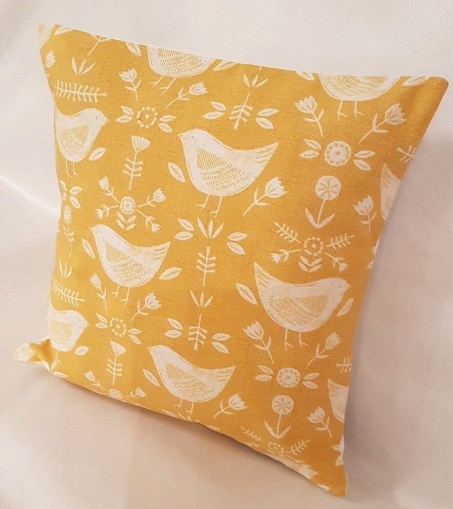 Pillow Cushion Cover Narvik Yellow Ochre Bird Design 10" 12" 14" 16" 17" 18" 20" 22" 24" 26" Fryetts Handmade 100% Cotton - CushionCoverAndDecor