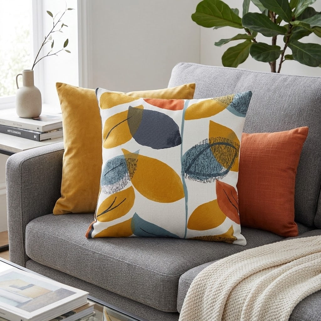 Autumn Leaf Cushion Cover  , Orange Tangerine Blue Leaves Cushion Cover , Throw Pillow , Scatter Cushions , Cushion Cover UK