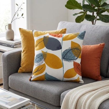 Autumn Leaf Cushion Cover  , Orange Tangerine Blue Leaves Cushion Cover , Throw Pillow , Scatter Cushions , Cushion Cover UK
