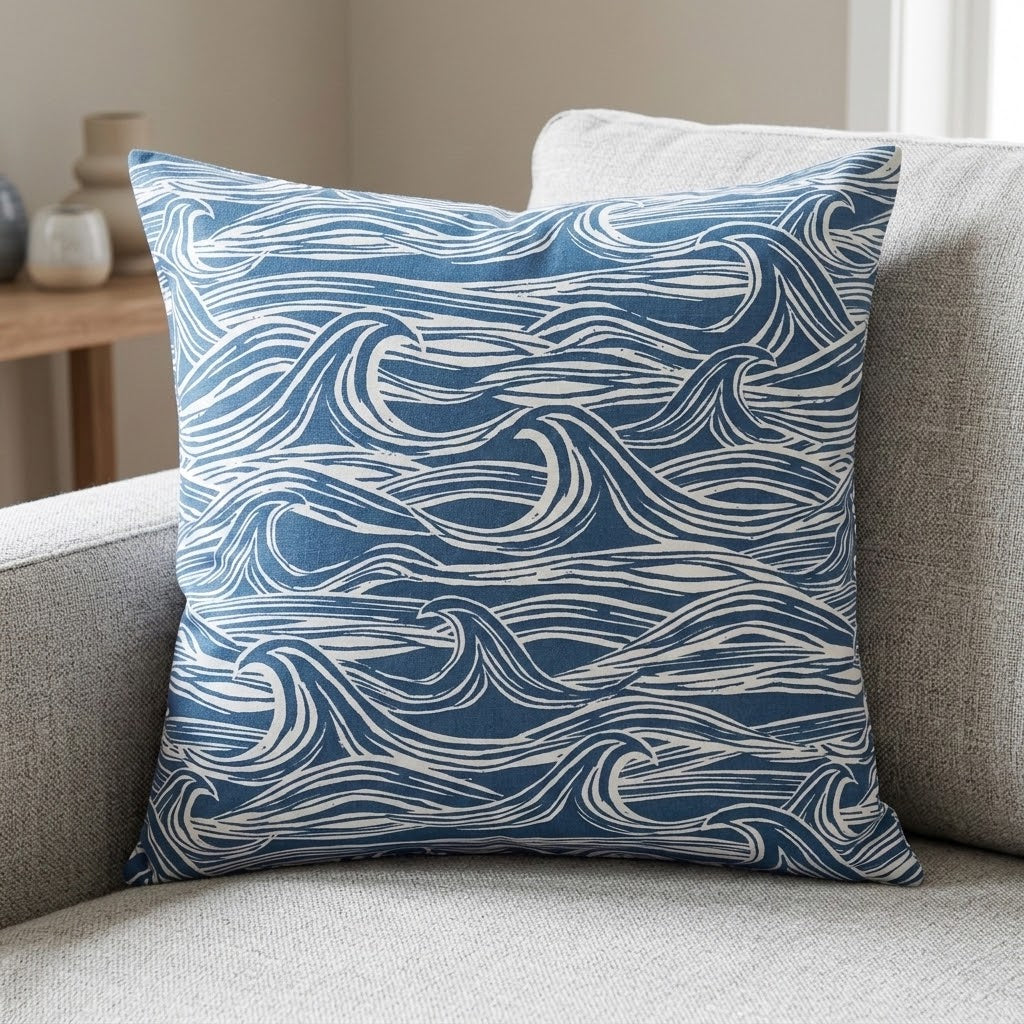 Ocean Waves Surf Navy Blue Cushion Cover – Coastal Nautical Design
