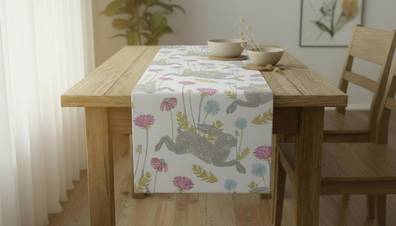 Tischläufer mit Märzhasenmotiv in Weiß und Rosa, Ostertischläufer, Tischläufer in den Größen UK 36", 48", 54", 60", 64", 72", 84", 96", 104", handgefertigt