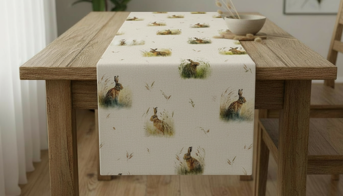 Tischläufer, Servietten mit springenden Hasen, Naturbeige-Design, Ostertischläufer, Größen: 91 cm, 122 cm, 137 cm, 152 cm, 163 cm, 183 cm, 213 cm, 244 cm, 264 cm, Handgefertigt aus 100 % Baumwolle