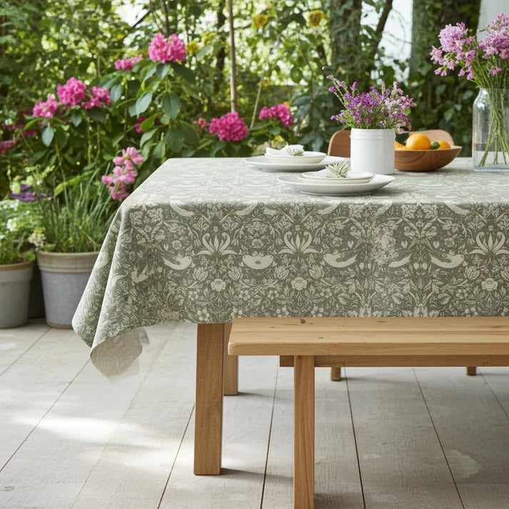 William Morris Strawberry Thief Natural Coated Tablecloth - Water Resistant Outdoor Indoor