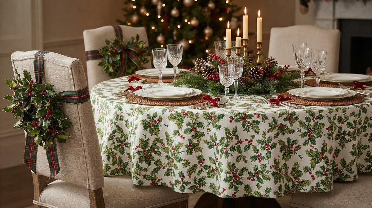 Christmas Holly Tablecloth – Cream & Green Festive Table Linen