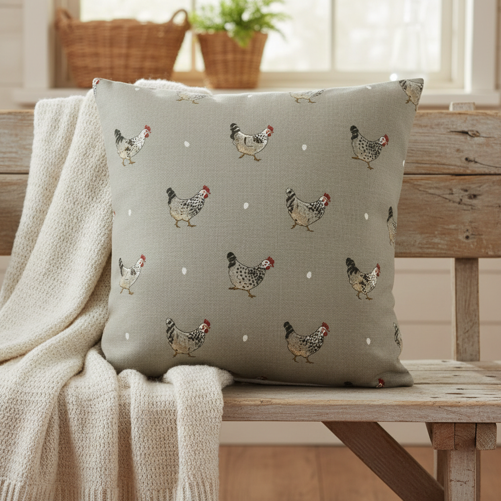 Kissenbezug mit Sophie Allport Hühnermotiv in Grau, Osterkissenbezug in den Größen 25, 30, 35, 40, 43, 45, 45, 50, 55, 60 und 66 cm, 100 % Baumwolle