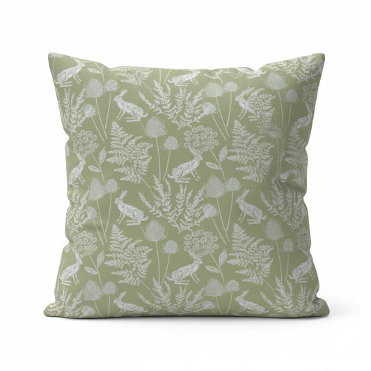 Kielder Hare Sage Green Cushion Cover