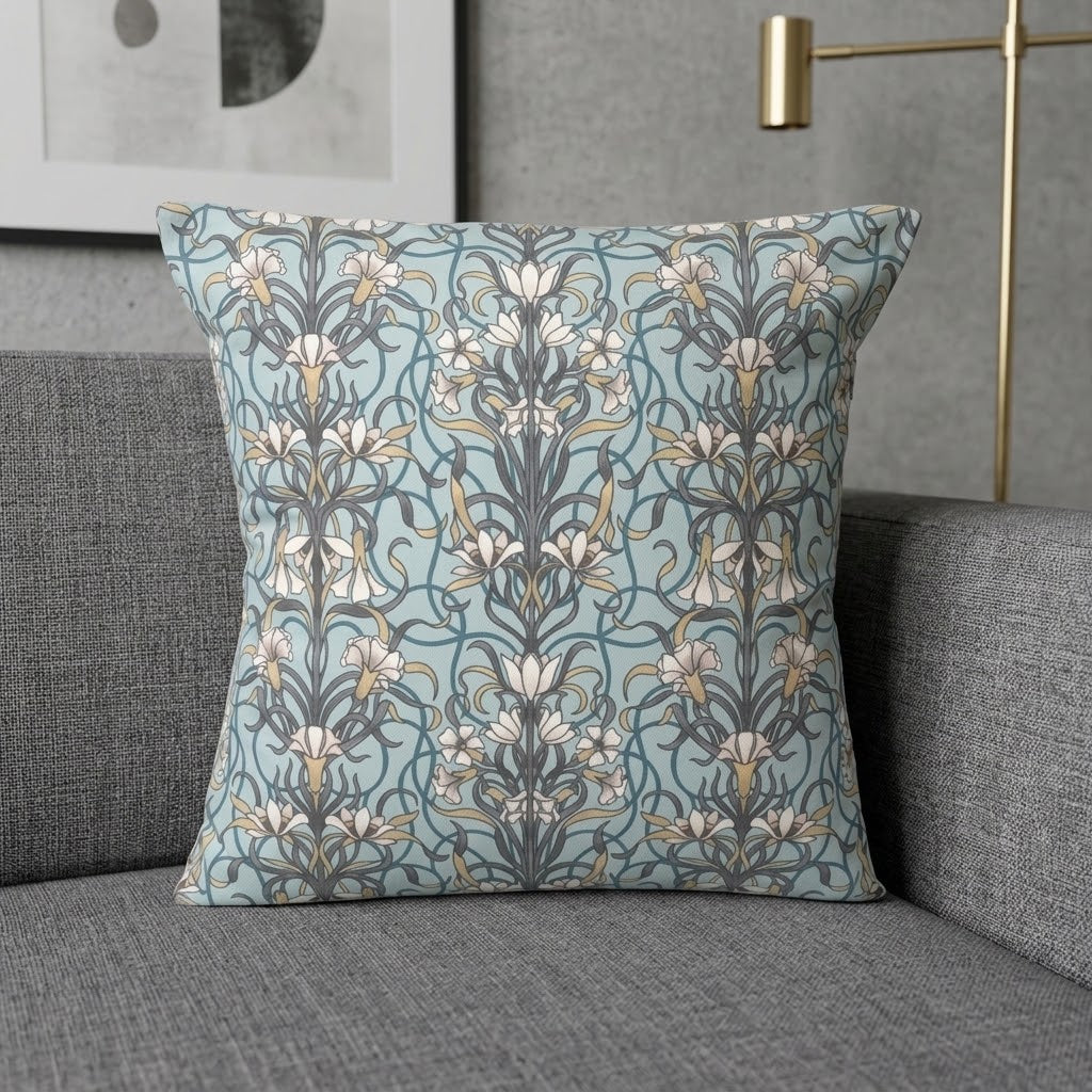 Arts & Crafts Style Floral Duck Egg Blue Cushion Cover