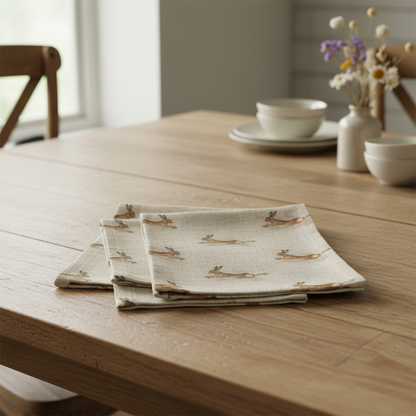 Tischläufer, Servietten mit springenden Hasen, Naturbeige-Design, Ostertischläufer, Größen: 91 cm, 122 cm, 137 cm, 152 cm, 163 cm, 183 cm, 213 cm, 244 cm, 264 cm, Handgefertigt aus 100 % Baumwolle