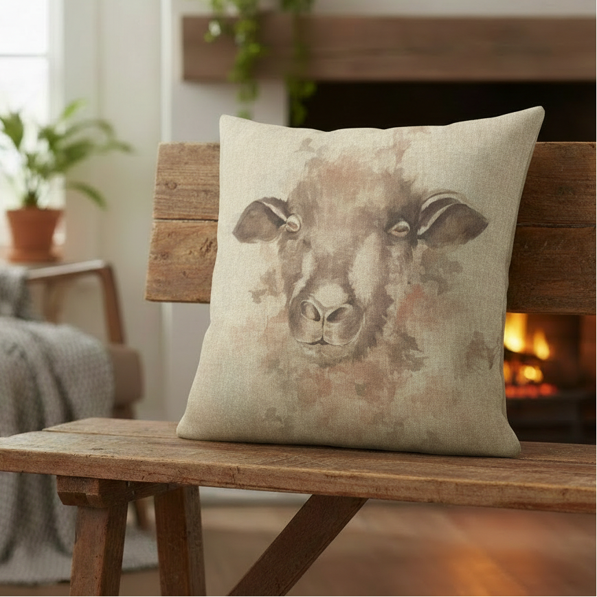 Serenity Sheep Watercolor Natural Cushion Cover