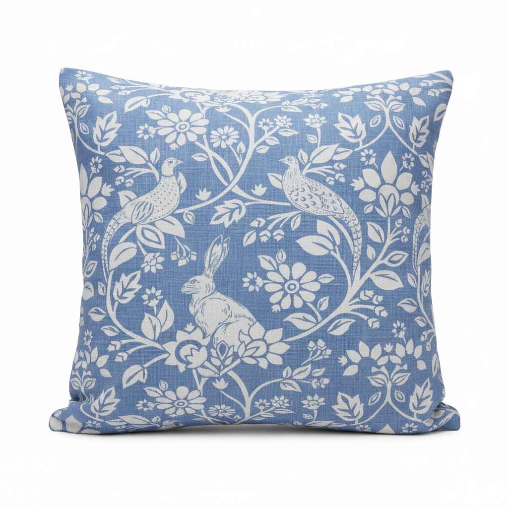 Heathland Indigo Blue Floral Wildlife Hares Game Cushion Cover