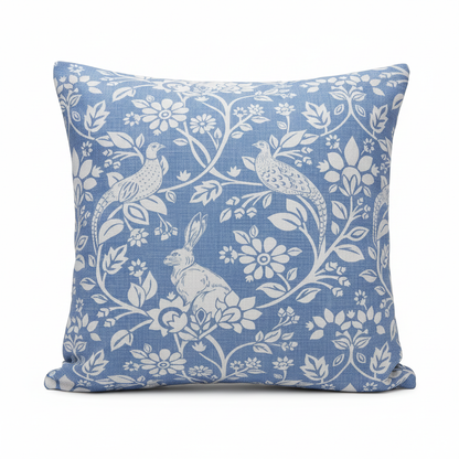 Heathland Indigo Blue Floral Wildlife Hares Game Cushion Cover