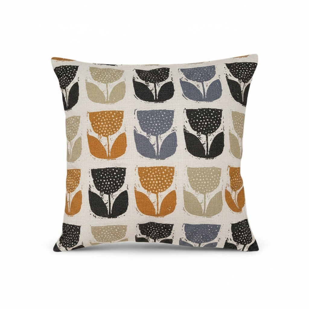 Retro Tulip Pattern Cushion Cover Poppy Pod Saffron Yellow