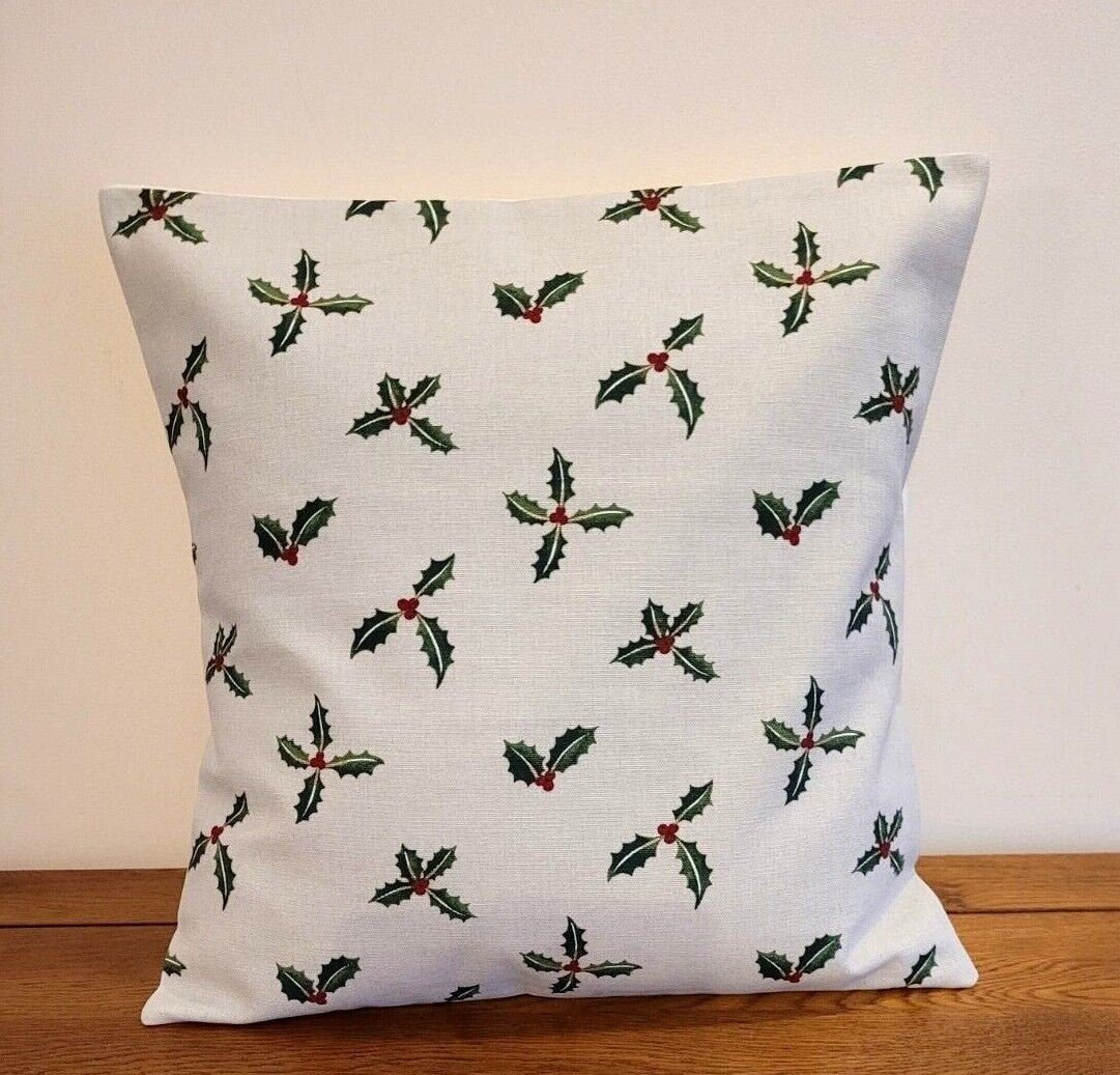 Sophie Allport Holly and Berry Cushion Cover , Green Red Pillow Cover 10" 12" 14" 16" 17" 18" 20" 22" 24" 26" 100% Cotton Handmade - CushionCoverAndDecor