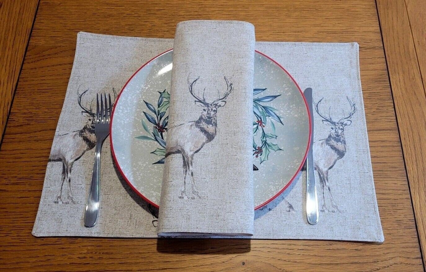 Stags Placemats , Wildlife Placemats , Christmas Fabric Placemats , Christmas Decor 100% Cotton Handmade - CushionCoverAndDecor