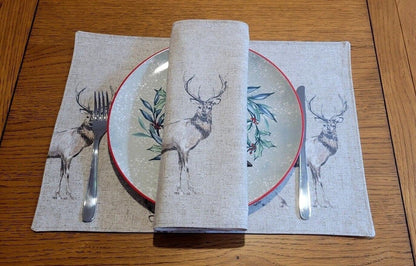 Stags Placemats , Wildlife Placemats , Christmas Fabric Placemats , Christmas Decor 100% Cotton Handmade - CushionCoverAndDecor