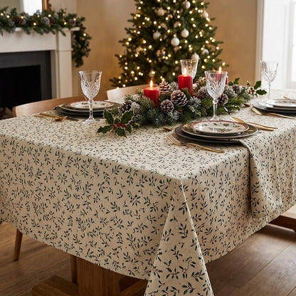 Christmas Holly & Berries Natural Cotton Tablecloth