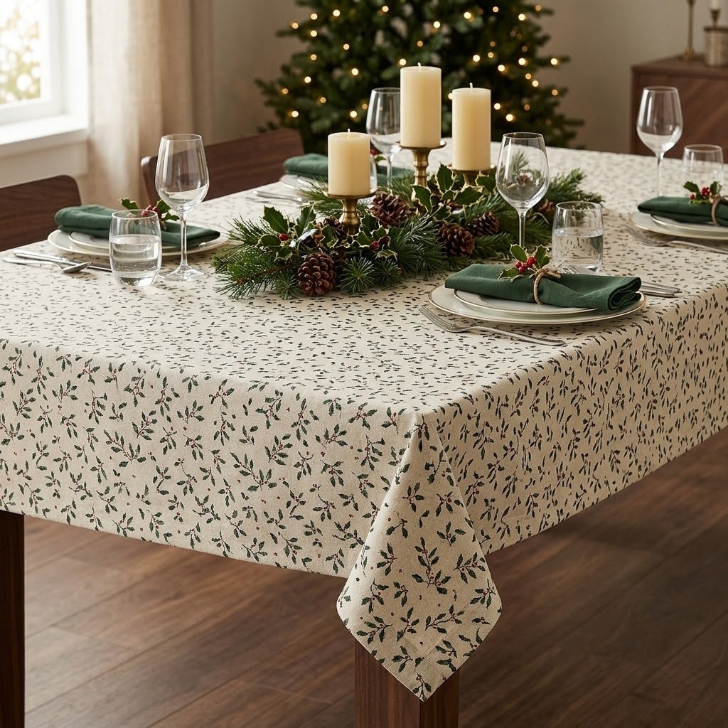 Christmas Holly & Berries Natural Cotton Tablecloth