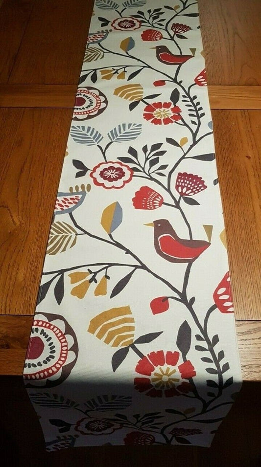 Table Runner 36" 48" 54" 60" 64" 72" 84" 96" 104" Clarke & Clarke Indigo Cranberry Red Floral Leaf Birds Design 100% Cotton Handmade - CushionCoverAndDecor