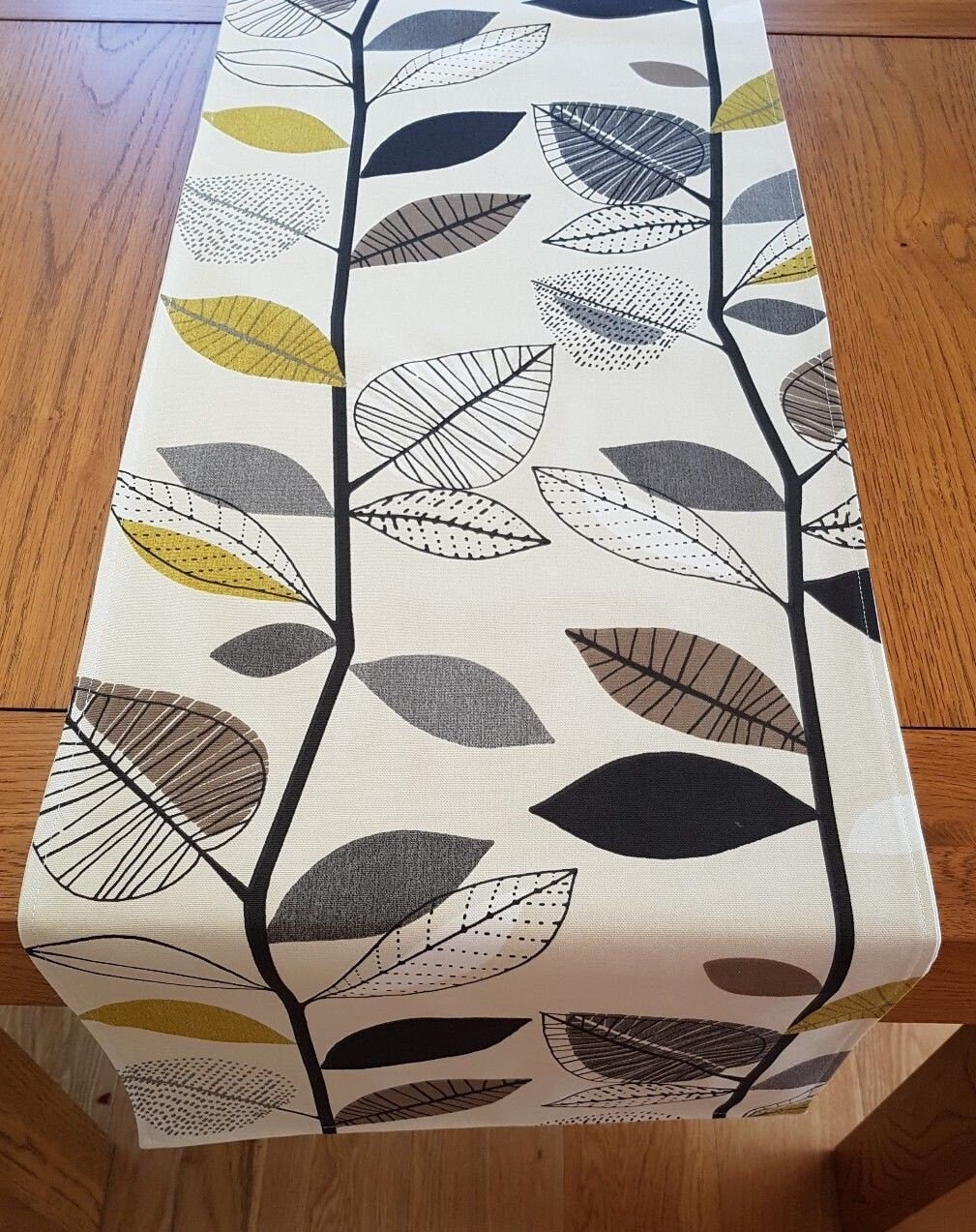 Table Runner 36" 48" 54" 60" 72" 84" 96" Prestigious Textiles Yellow Mustard Grey Scandinavian Autumn Leaves Handmade 100% Cotton - CushionCoverAndDecor