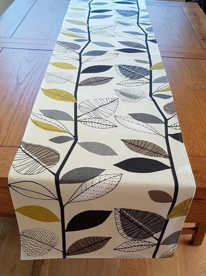 Table Runner 36" 48" 54" 60" 72" 84" 96" Prestigious Textiles Yellow Mustard Grey Scandinavian Autumn Leaves Handmade 100% Cotton - CushionCoverAndDecor