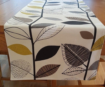 Table Runner 36" 48" 54" 60" 72" 84" 96" Prestigious Textiles Yellow Mustard Grey Scandinavian Autumn Leaves Handmade 100% Cotton - CushionCoverAndDecor