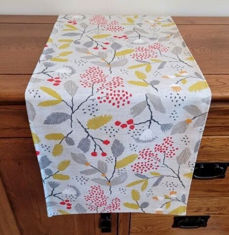 Table Runner Ashley Wilde Scandi Trail Grey Red Yellow Floral Design , Christmas Table Runner 48" 54" 60" 64" 72" 84" 96" 104" 100%Cotton - CushionCoverAndDecor