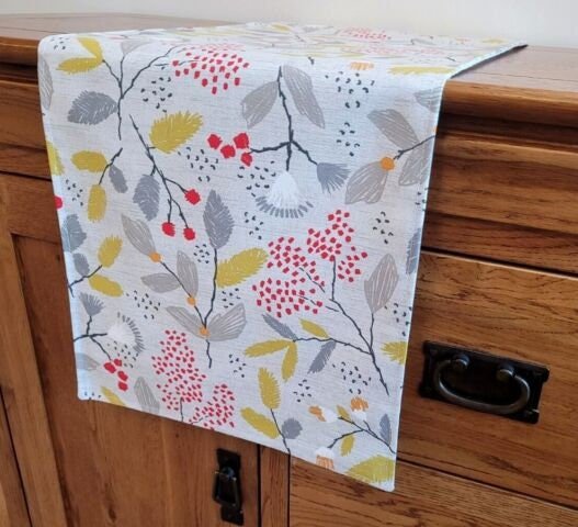 Table Runner Ashley Wilde Scandi Trail Grey Red Yellow Floral Design , Christmas Table Runner 48" 54" 60" 64" 72" 84" 96" 104" 100%Cotton - CushionCoverAndDecor