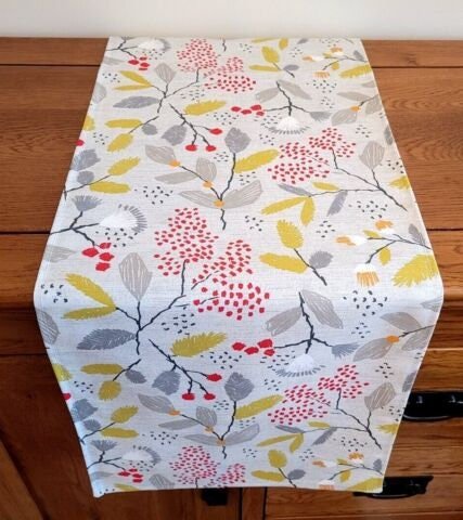 Table Runner Ashley Wilde Scandi Trail Grey Red Yellow Floral Design , Christmas Table Runner 48" 54" 60" 64" 72" 84" 96" 104" 100%Cotton - CushionCoverAndDecor